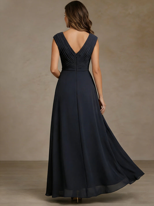roselledress deep v pleated back navy a line maxi dress cap sleeve chiffon mother of the bride formal wear back view