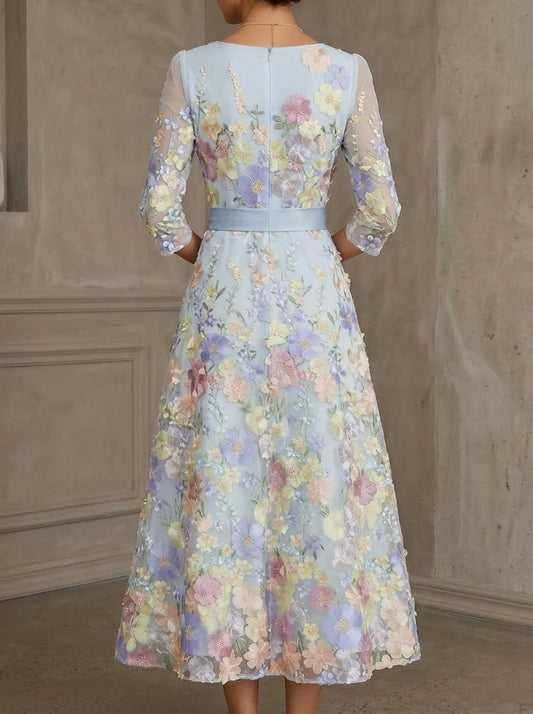 Fresh A-Line Bateau Neck Three-Quarter-Sleeve Closed-Back Midi Mother of the Bride Dresses