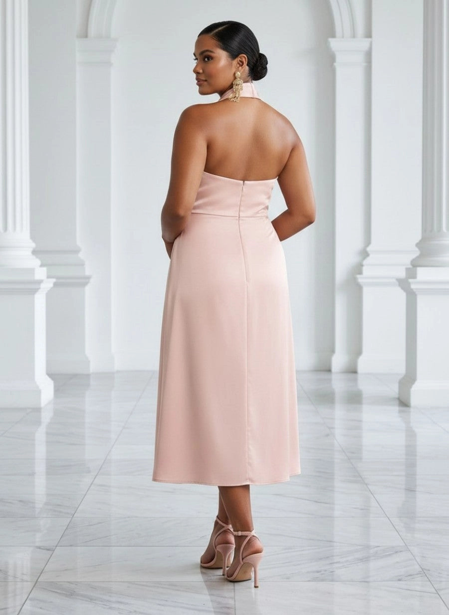 Open‑back centre zipper detail of blush satin curvy formal midi gown
