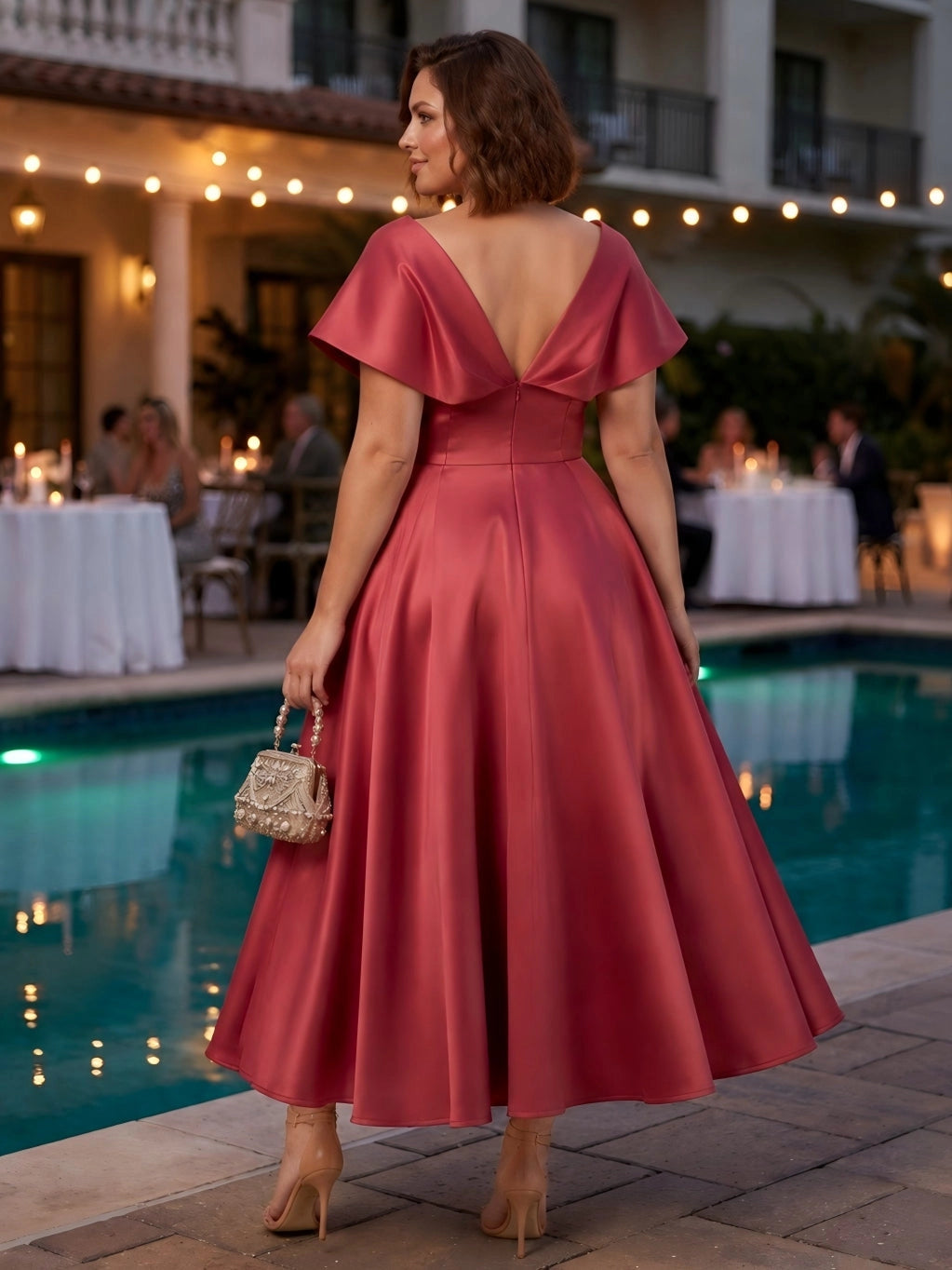 roselledress folded deep v‑back zip‑back wine red satin curvy midi formal gown back view