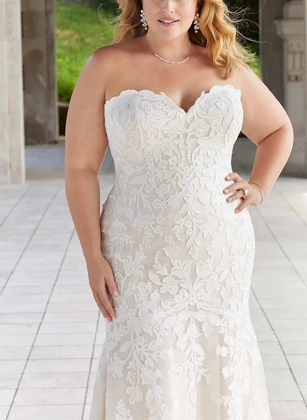 Elegant Mermaid Sweetheart Off‑Shoulder Sheer‑Back Train‑Length Plus Size Wedding Dress