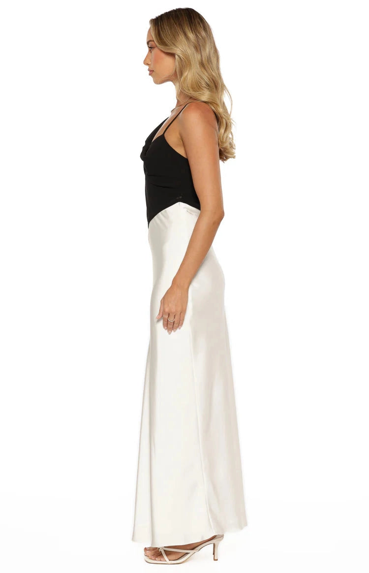RoselleDress Black White Colorblock Asymmetrical V Neck prom Dress