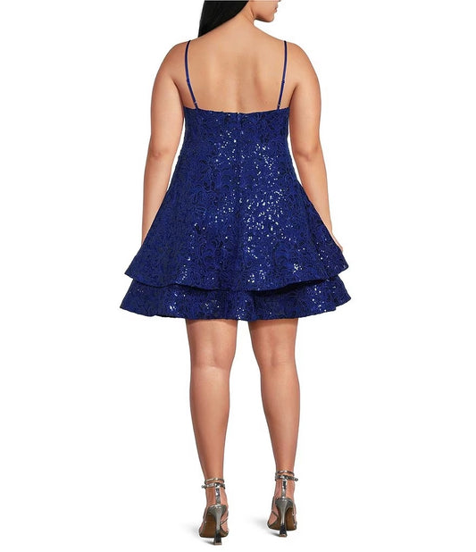 Plus size royal blue sequin homecoming dress with thin spaghetti straps and center back zipper