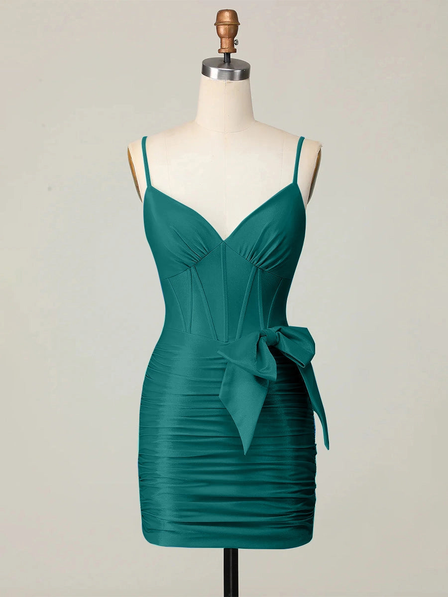 Ocean Blue Bodycon V Neck Spaghetti Strap Plain Back Mini Homecoming Dress
