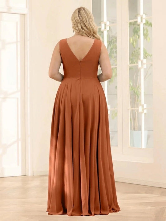 RoselleDress terracotta plus‑size chiffon bridesmaid gown deep v‑back zipper closure sleeveless dress back view floor‑length wedding guest gown