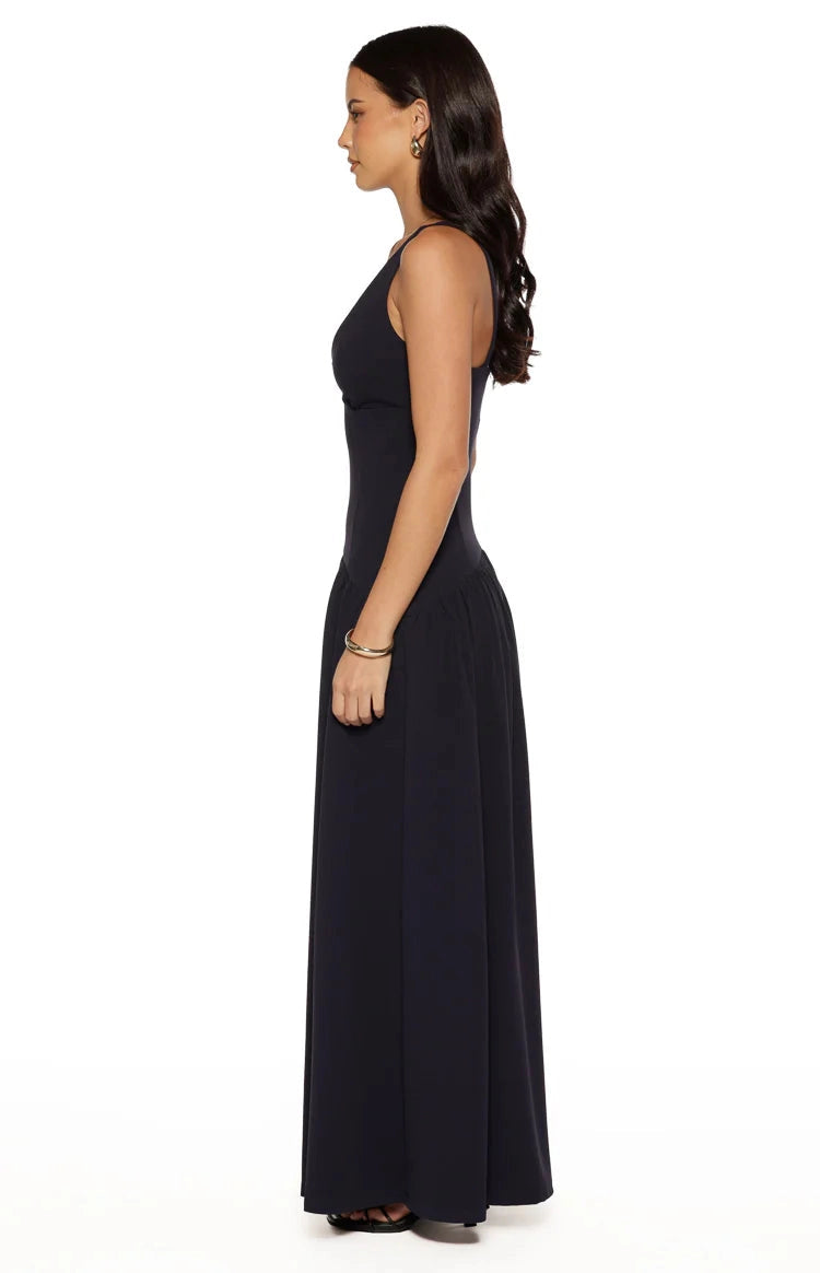Black A-Line V Neck Spaghetti Plain Back Tiered Long Prom Dress