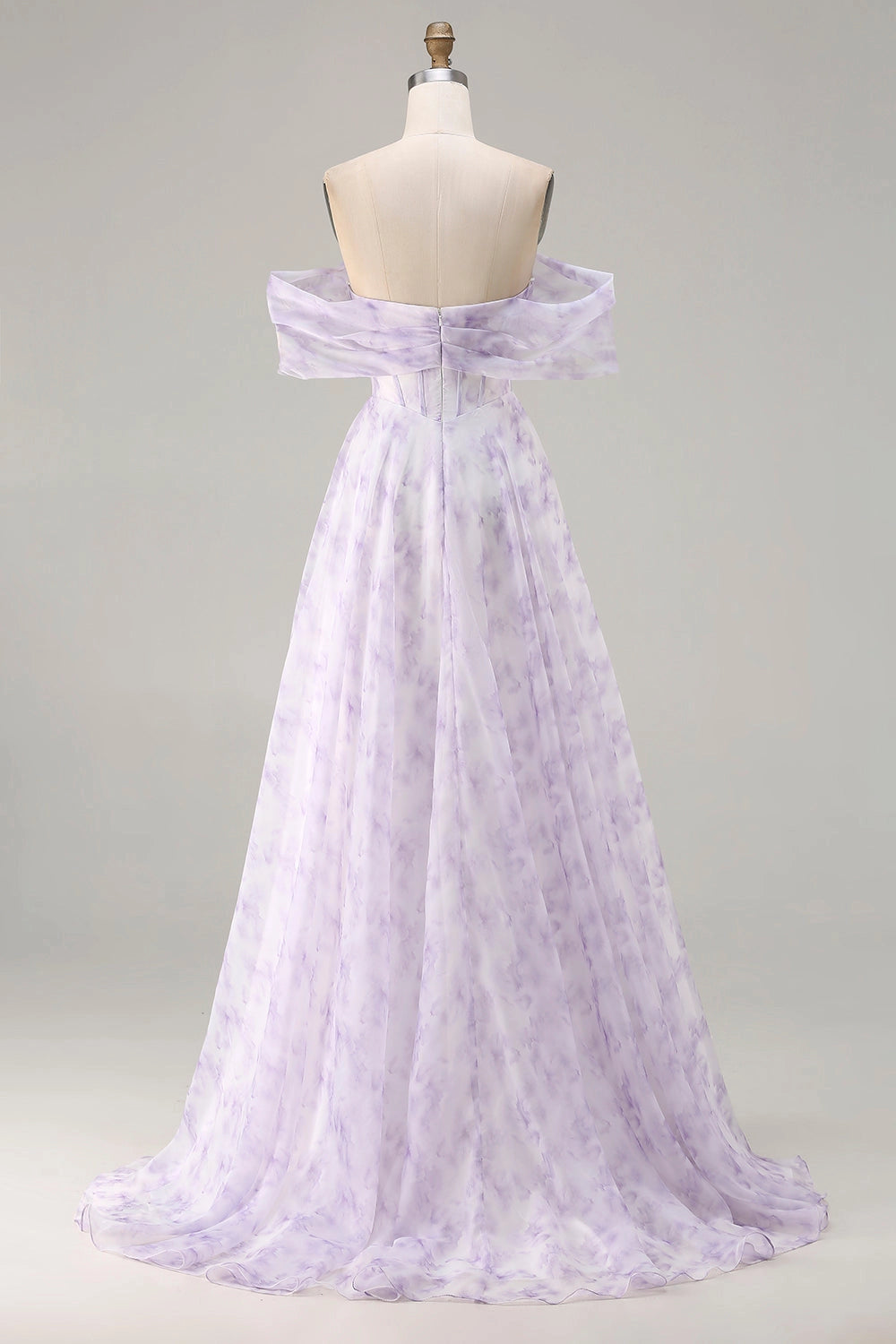 Lavender Floral Plus Size A‑Line Off‑The‑Shoulder Short‑Sleeve Zip‑Back Long Prom Dress