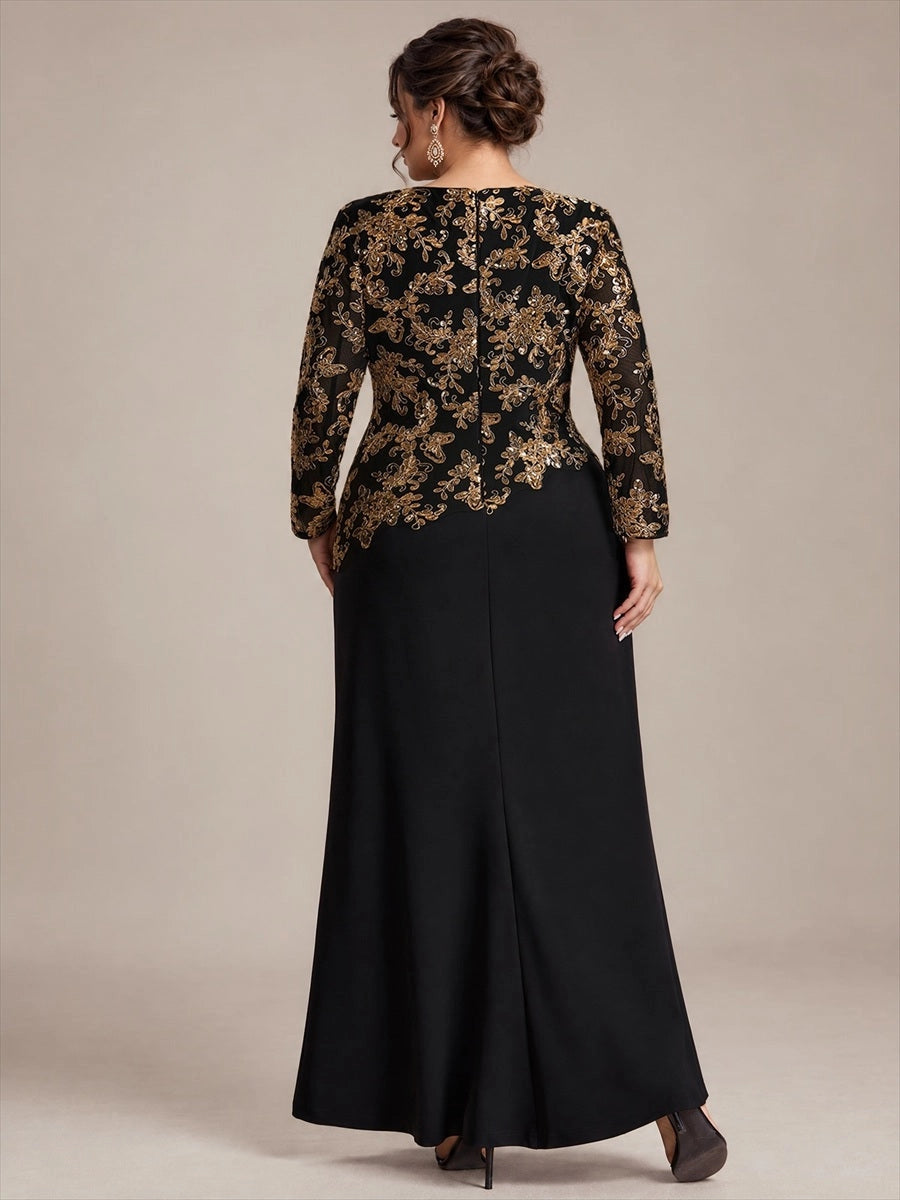 Plus Size Sequin Lace Long Sleeve Round Neck Long Mother of Bride Dress