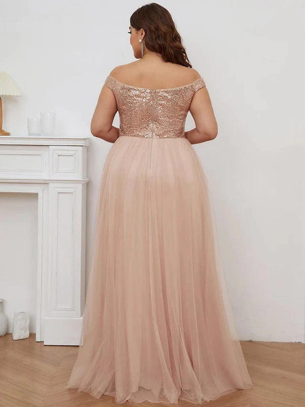Glamorous A‑Line Off‑The‑Shoulder Cap‑Sleeve V‑Back Floor‑Length Plus Size Prom Dress