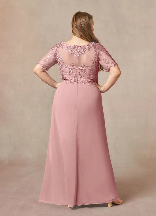 Back view of dusty rose illusion lace back long mother of the bride dress by roselledress