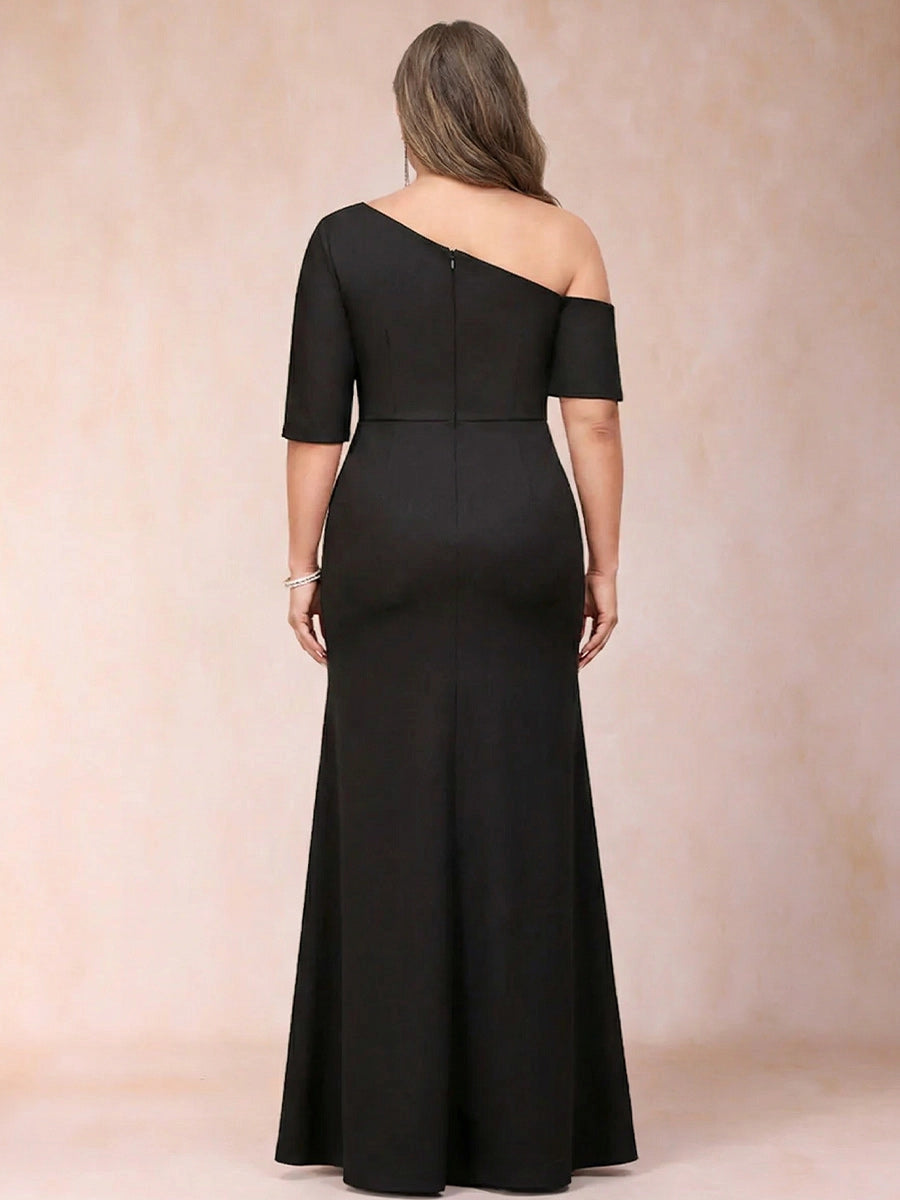 RoselleDress black plus‑size mermaid wedding guest gown asymmetrical one‑shoulder back zipper closure 3/4 sleeve dress back view floor‑length cocktail formal gown