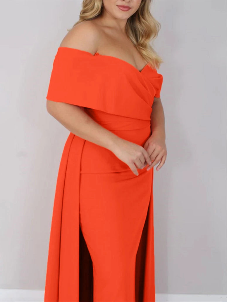 Stunning Sheath Off‑The‑Shoulder Short‑Sleeve Zip‑Back Floor‑Length Formal Plus Size Wedding Guest Dress