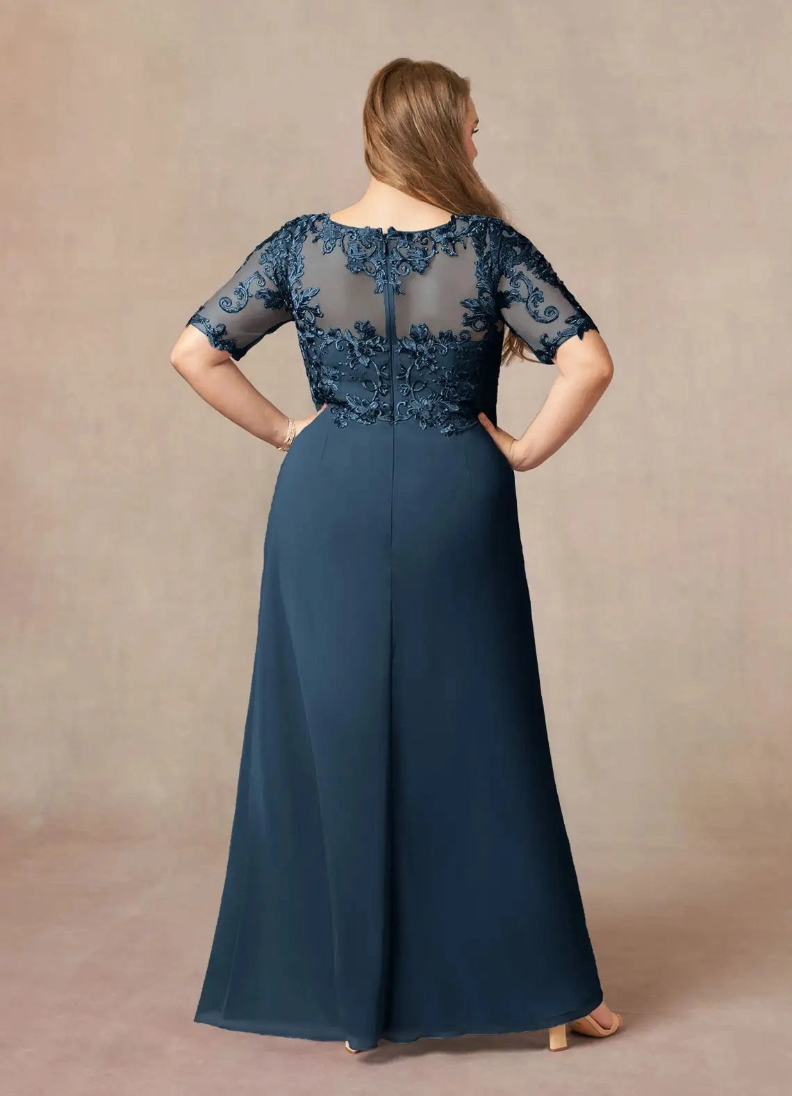 A-Line V-Neck Short Sleeve Illusion-Back Long Mother of the Bride Dress