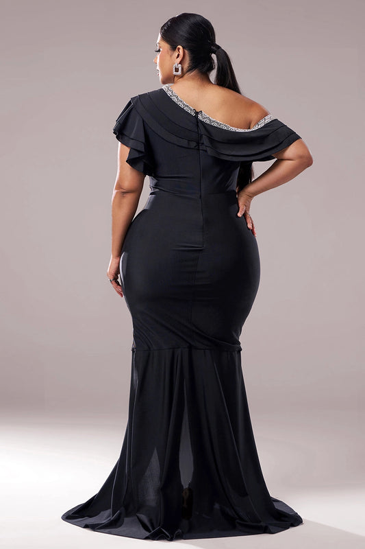 Back view Roselledress black plus size beaded one‑shoulder closed back mermaid formal prom dress