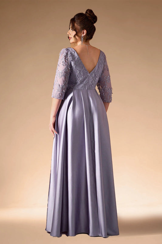 Back view Roselledress dusty lavender plus size a‑line evening dress v‑back zip‑back lace satin formal gown