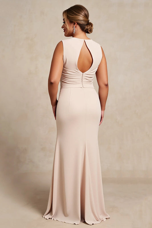 Champagne plus size sleeveless wedding guest gown back view, oval keyhole cutout, ruched waist with covered buttons and floor length mermaid skirt