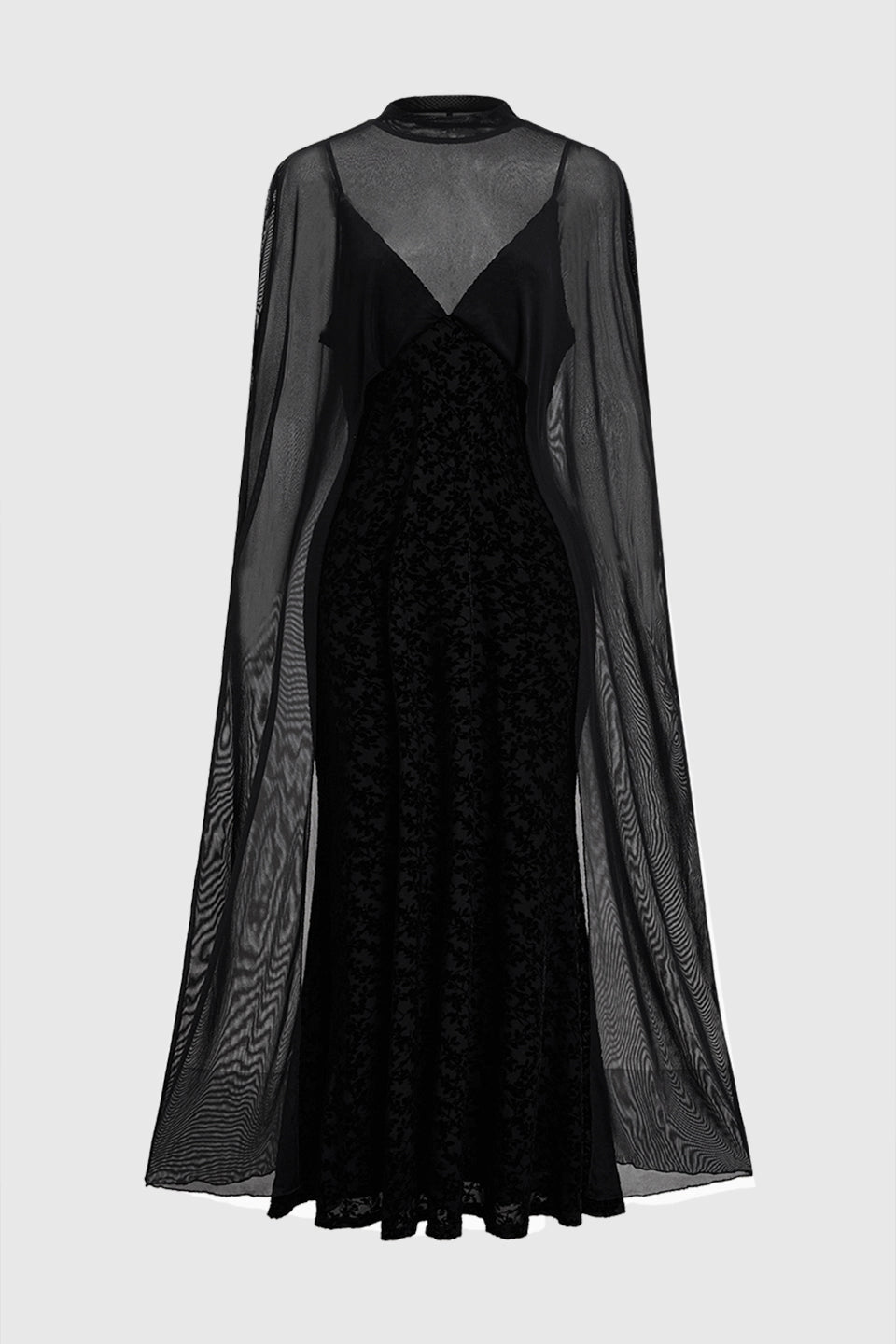 Roselledress Black Plus Size High Neck Cape Sleeve Long Mother of Bride Dress