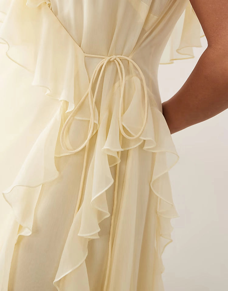 Chiffon Ruffled Wrap V‑Neck Flutter‑Sleeve High‑Back Maxi Plus Size Wedding Guest Dress