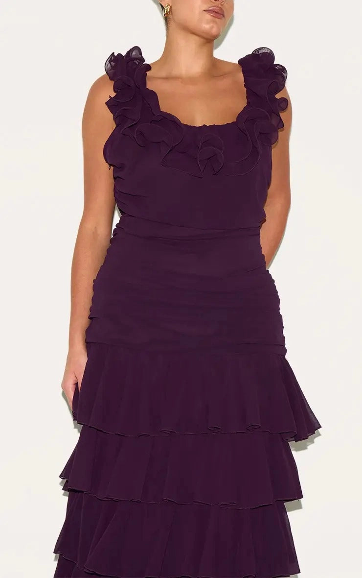 Ruffled Square‑Neck Sleeveless Ruched Tiered Chiffon Maxi Plus Size Wedding Guest Dress