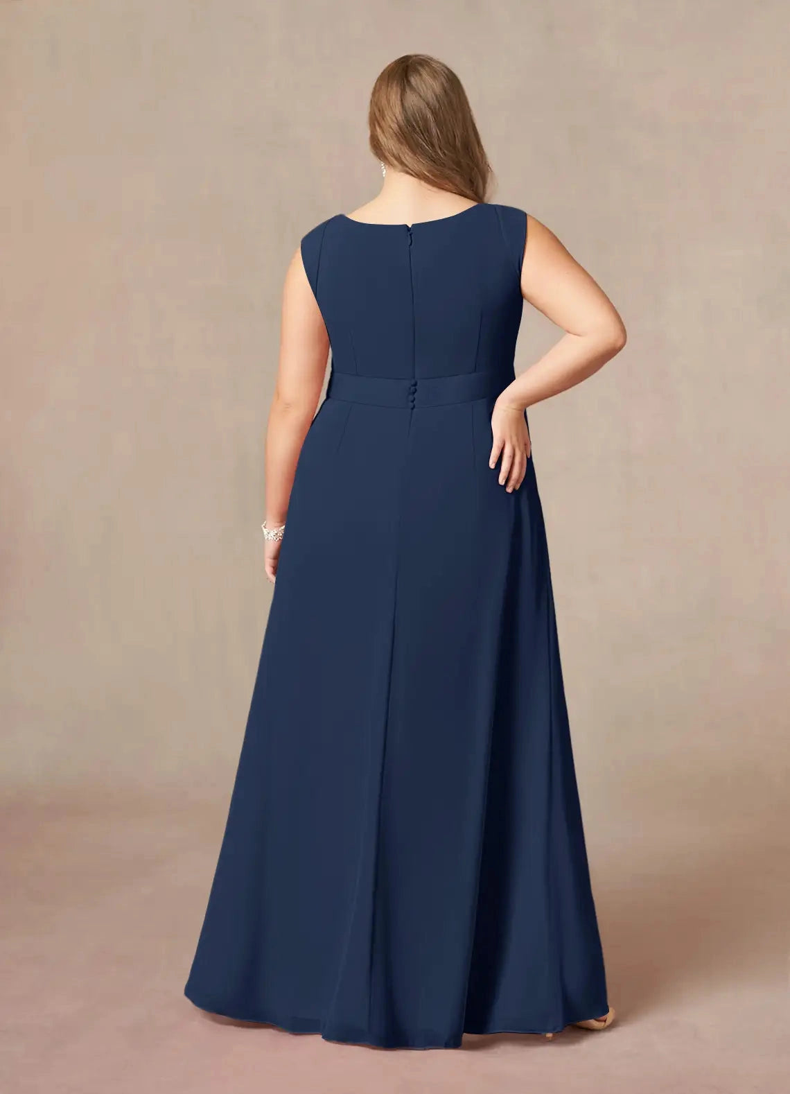 Roselledress navy chiffon formal dress zipper back plus size mother of bride long evening gown back view