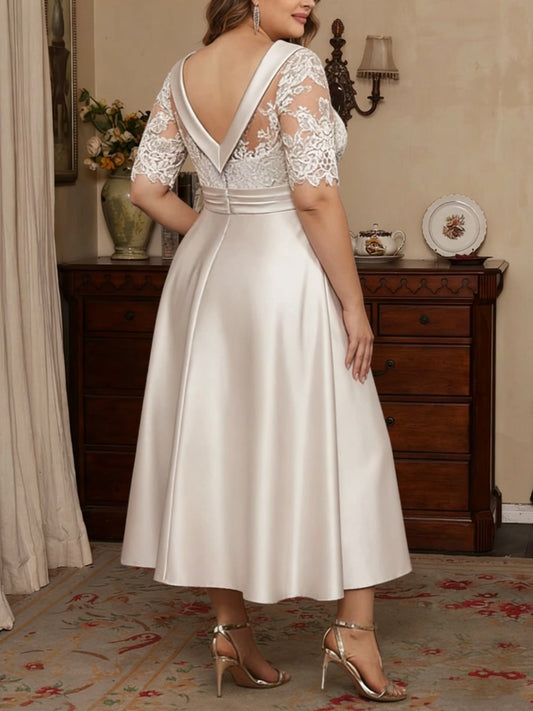RoselleDress ivory champagne lace midi formal gown deep v back zipper plus size mother dress back shot