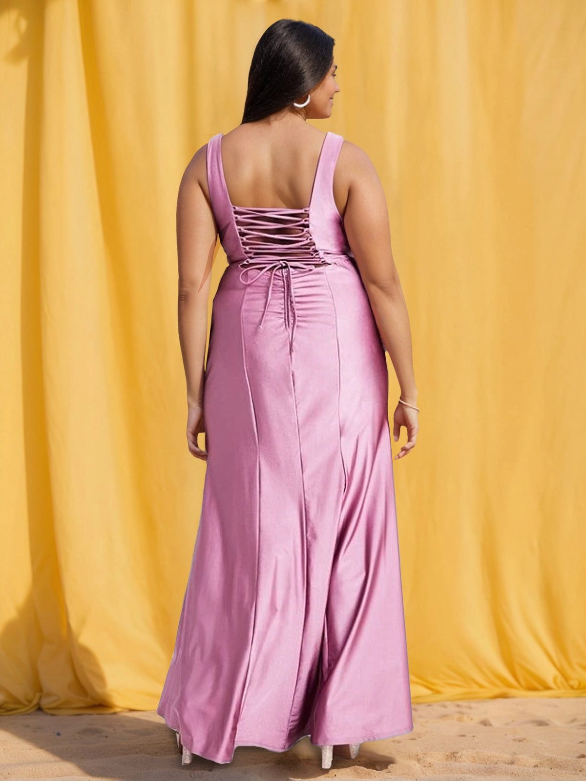 Roselle Dress plus size lilac satin prom gown, lace‑up corset back fitted mermaid long floor‑length dress back view