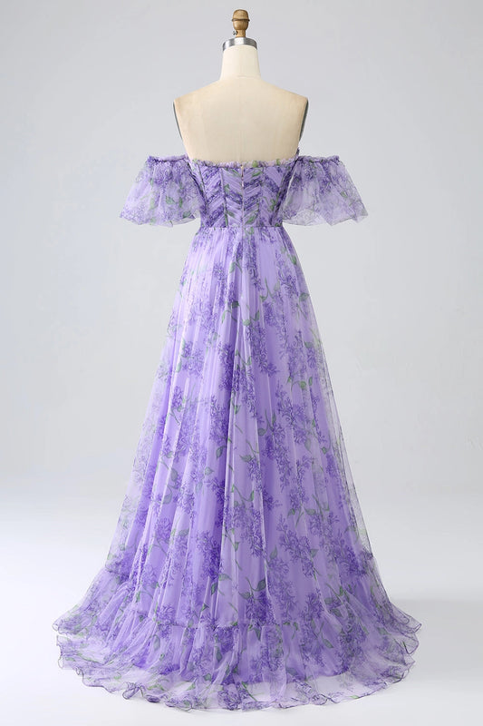 Back view Roselledress lavender plus size prom dress zipper back corset bodice floral print sweep train formal dress