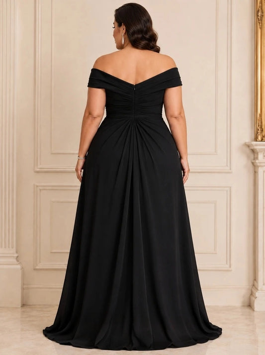 Black plus size long prom dress with off shoulder ruched back and concealed zipper closure
