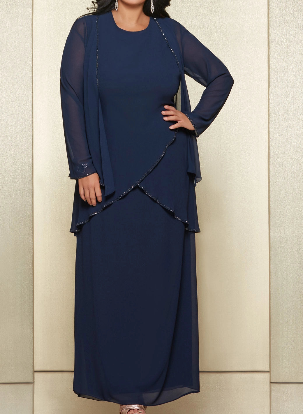 Plus Size Chiffon Jacket Beaded Trim Long Sleeve Two-Piece Mother of Bride Dress