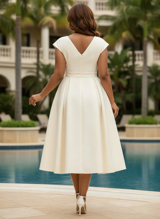 Ivory plus size midi formal dress back view, V-back, center back zipper, cap sleeves and full pleated A-line skirt