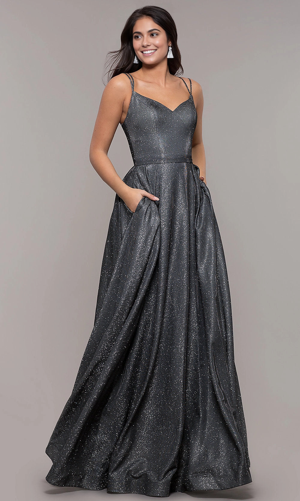 Glitter A Line Sweetheart Spaghetti Strap Zip Back Maxi Prom Dress