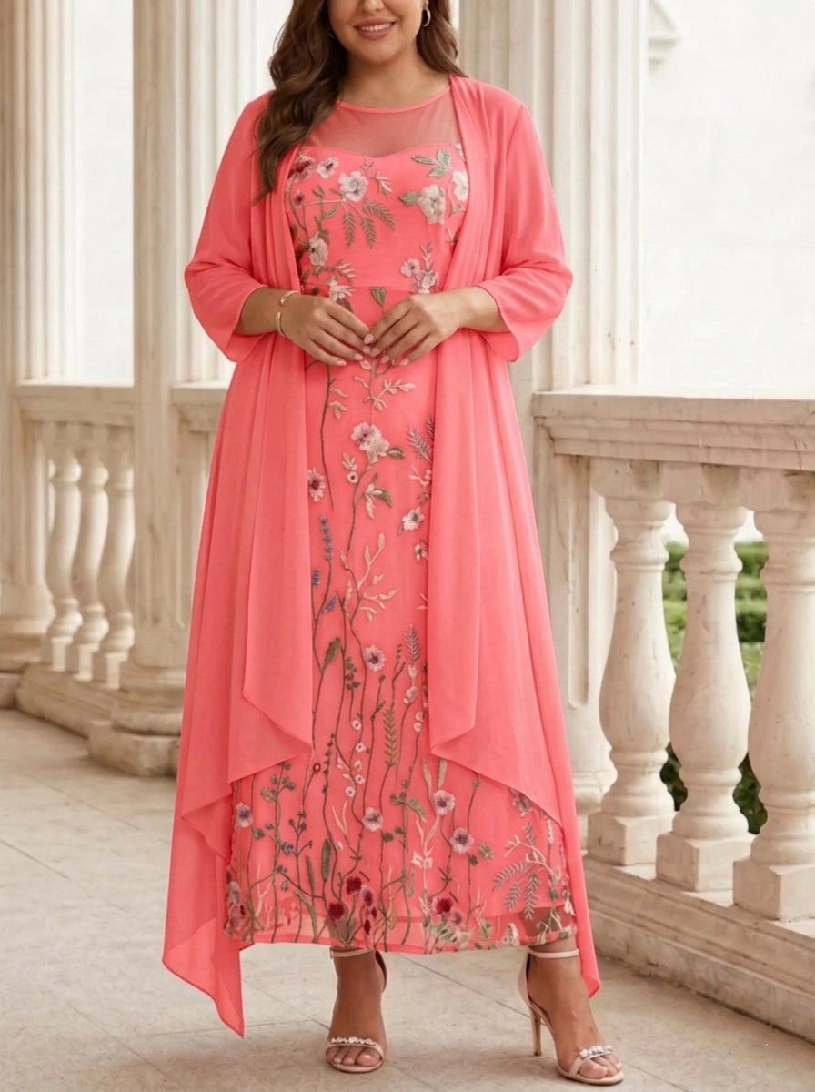 Soft A-Line Round Neck Three-Quarter-Sleeve Closed-Back Floor-Length Mother of the Bride Dresses