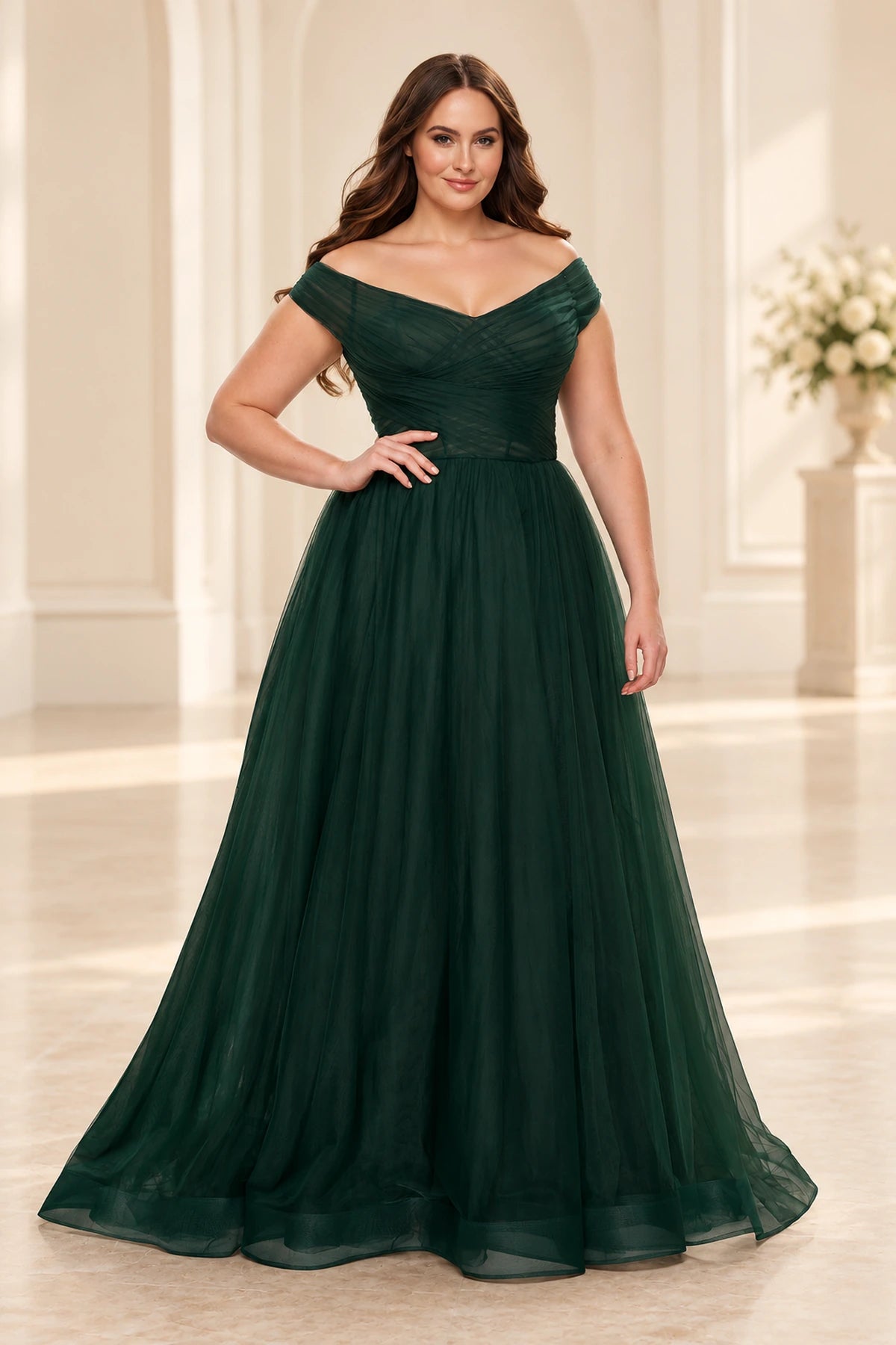Plus Size Romantic Tulle A-Line V-Neck Cap-Sleeve Illusion-Back Floor-Length Prom Dress
