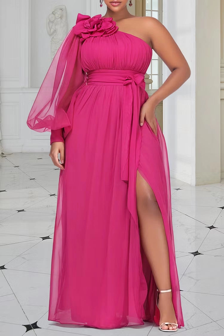 Roselledress Romantic A-Line One Shoulder Long Sleeve Back Zipper Chiffon Plus Size Prom Dress