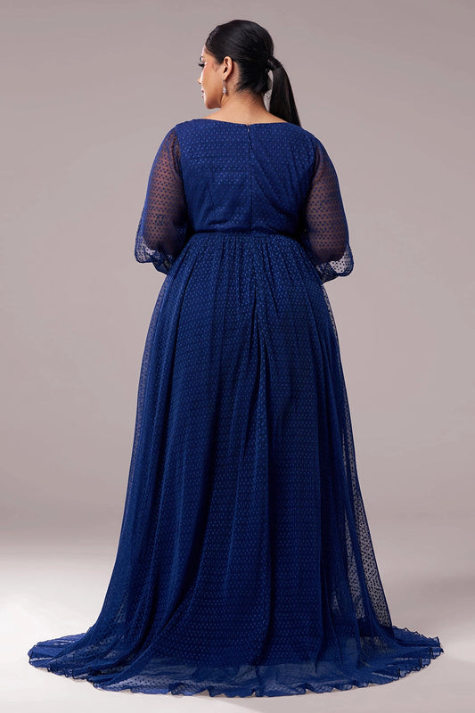 Back view roselledress royal blue plus size dotted tulle long prom dress closed back formal maxi gown