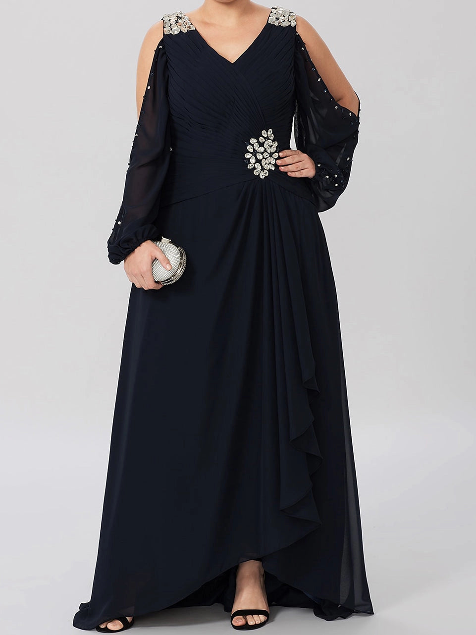Gorgeous A‑Line V‑Neck Cold‑Shoulder Open‑Back Floor‑Length Plus Size Mother Of The Bride Dress