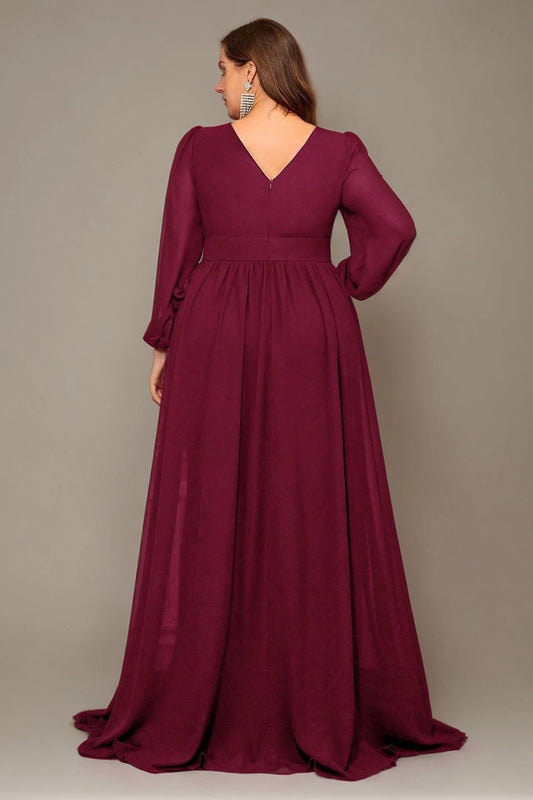 Roselledress plus size formal dress v zipper back burgundy long prom dress rear view