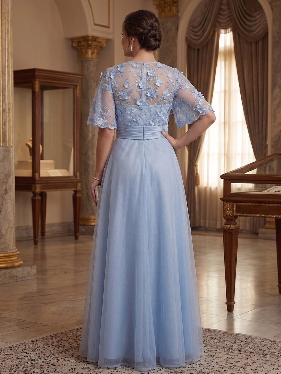 roselledress curvy light blue mom dress full sheer floral lace back zipper church wedding long gown