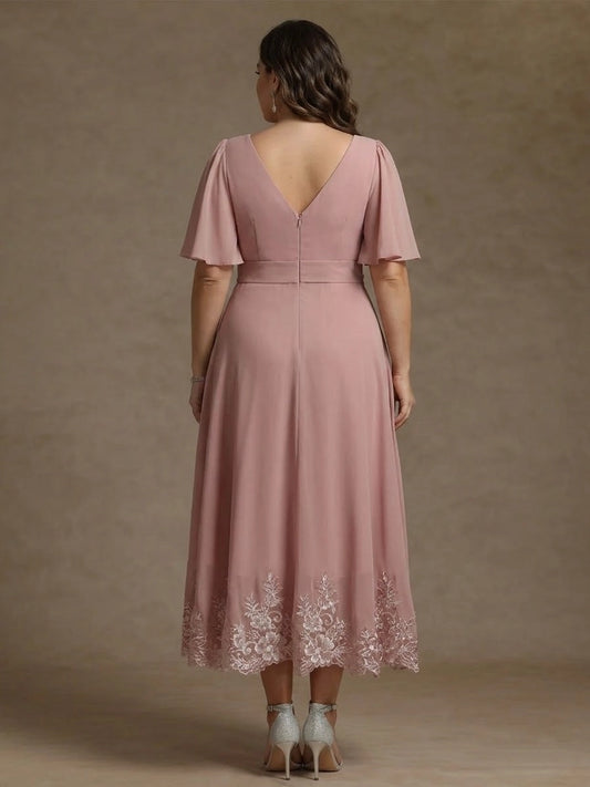 back view roselledress plus size mother of bride midi dress deep v back invisible zipper dusty pink lace hem chiffon gown