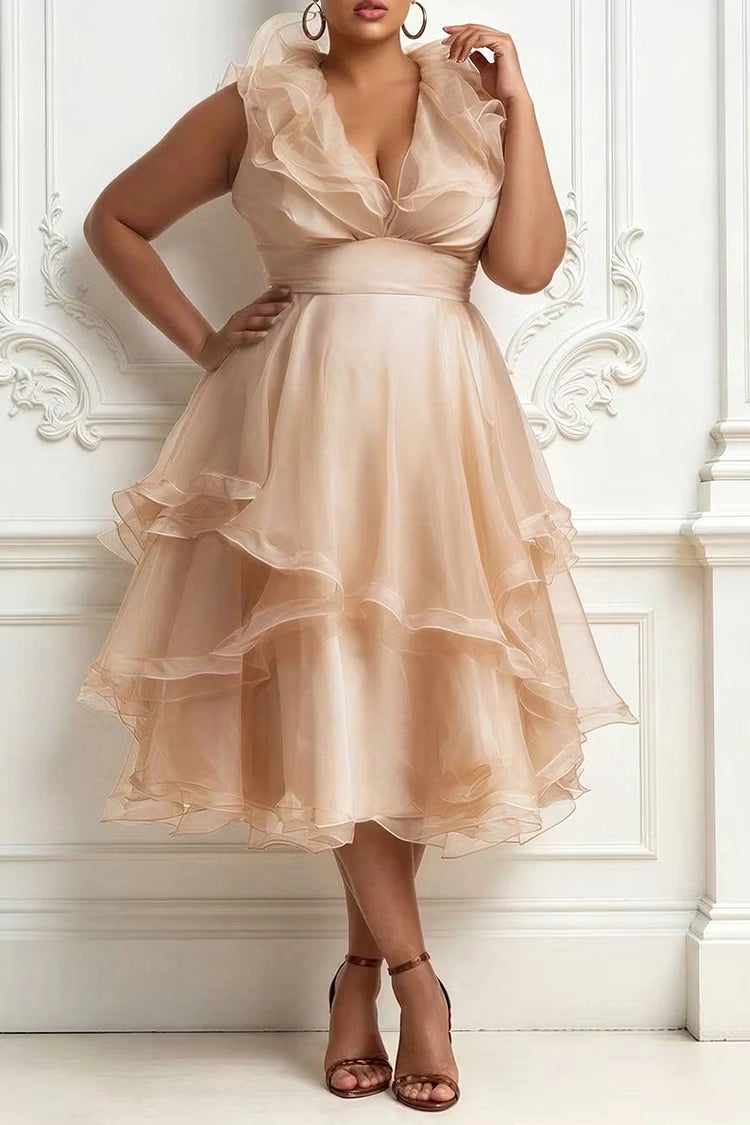 Roselledress Romantic A-Line V-Neck Sleeveless Back Zipper Ruffled Organza Plus Size Prom Dress