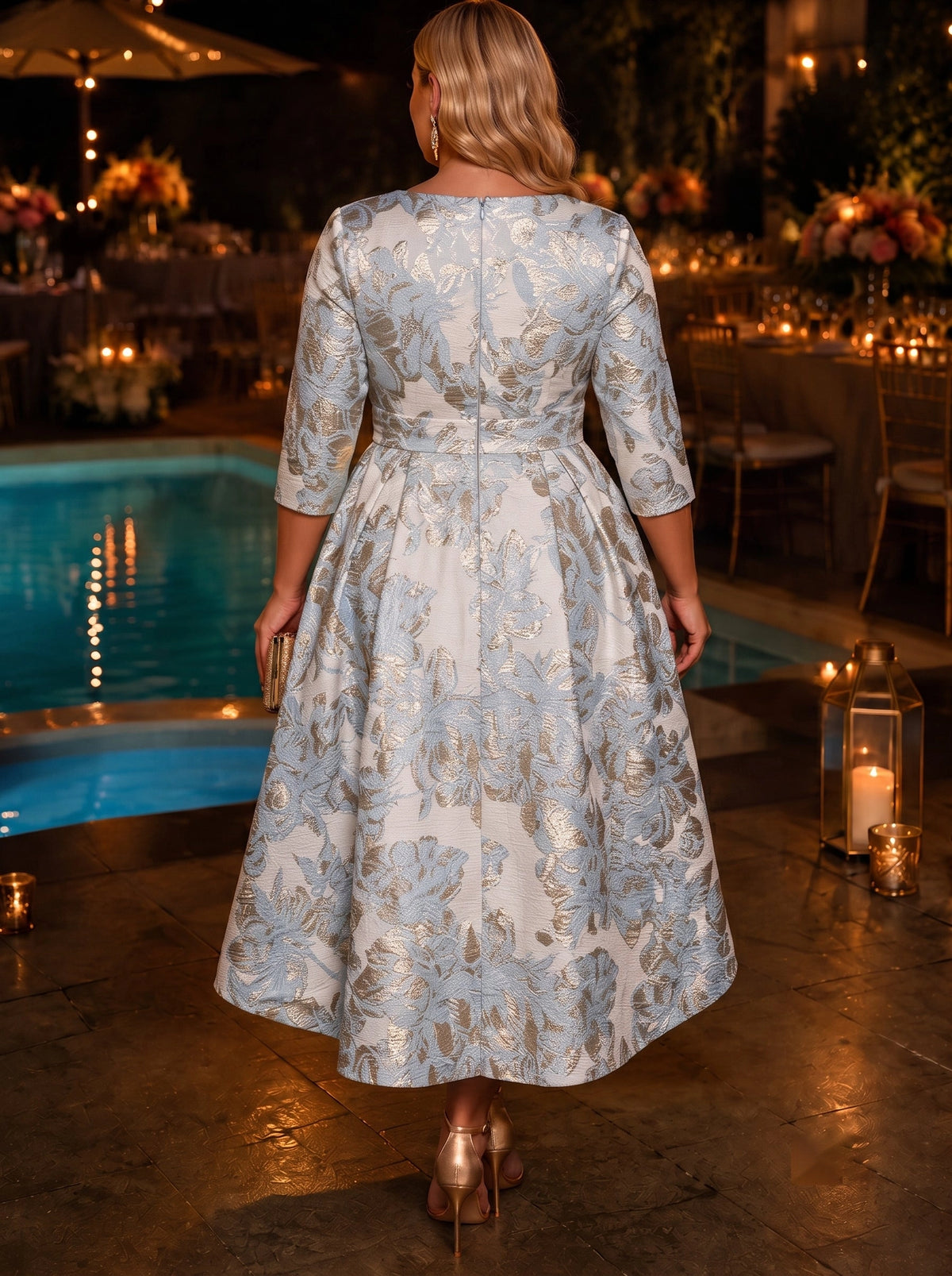 Light blue gold jacquard plus size formal dress back view, bateau neck, 3/4 sleeves, center back zipper and full high-low midi skirt