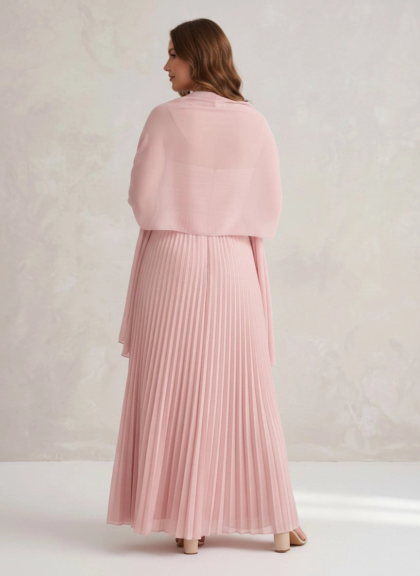 Blush pink plus size formal gown back view, strapless bodice, center back zipper, sheer chiffon shawl and full pleated floor length skirt
