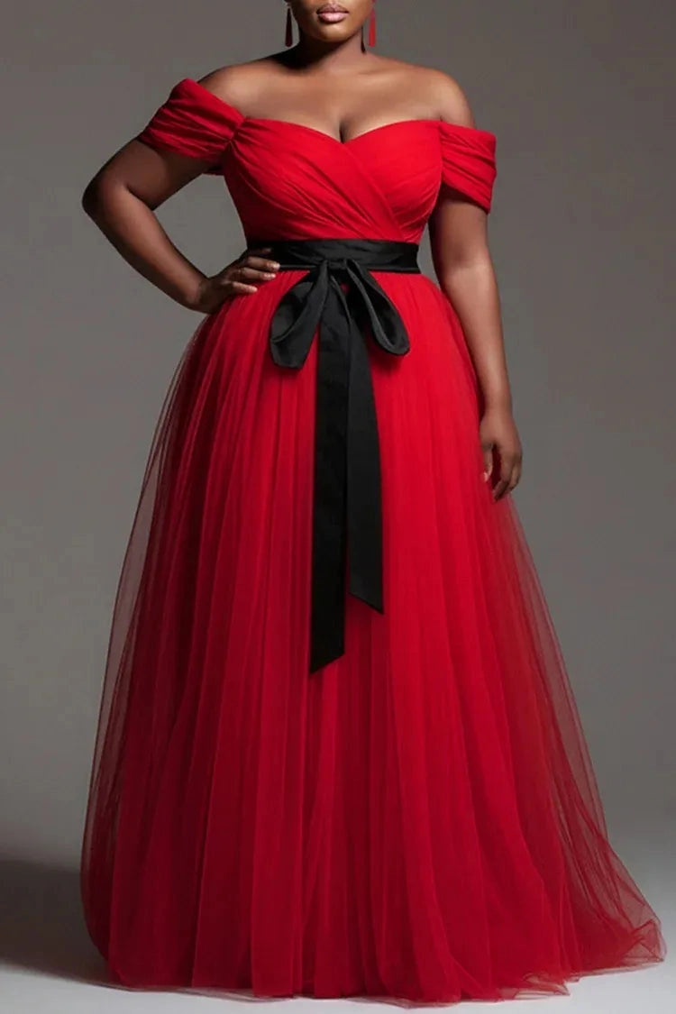 Stunning A‑Line Off‑Shoulder Short‑Sleeve Open‑Back Floor‑Length Plus Size Prom Dress