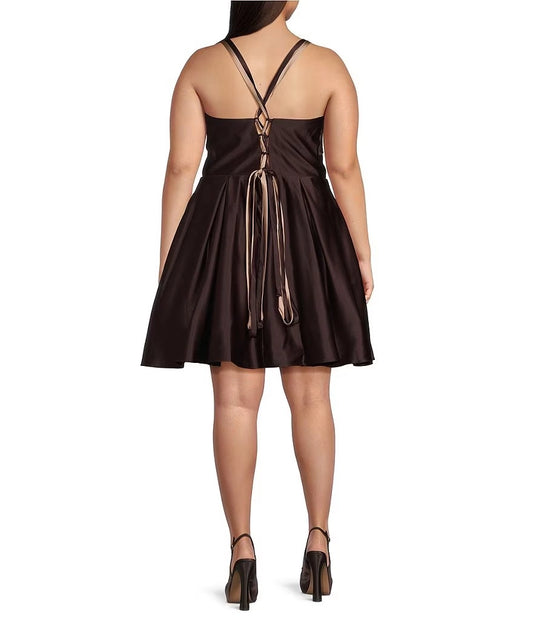 Plus size brown satin homecoming dress featuring crisscross lace-up corset back and long ribbon ties