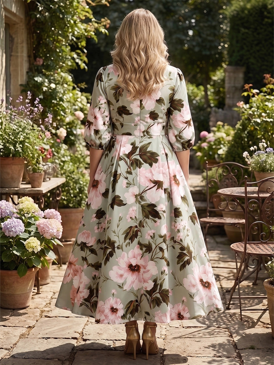 Sage green pink floral plus size midi dress back view, V-back, center back zipper, 3/4 balloon sleeves and full pleated A-line skirt