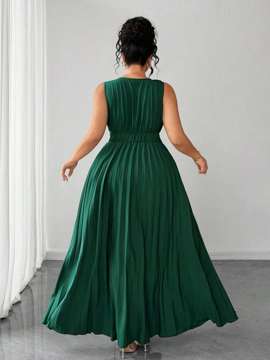 Roselledress plus size evening gown elastic waist simple back emerald green pleated formal dress rear view