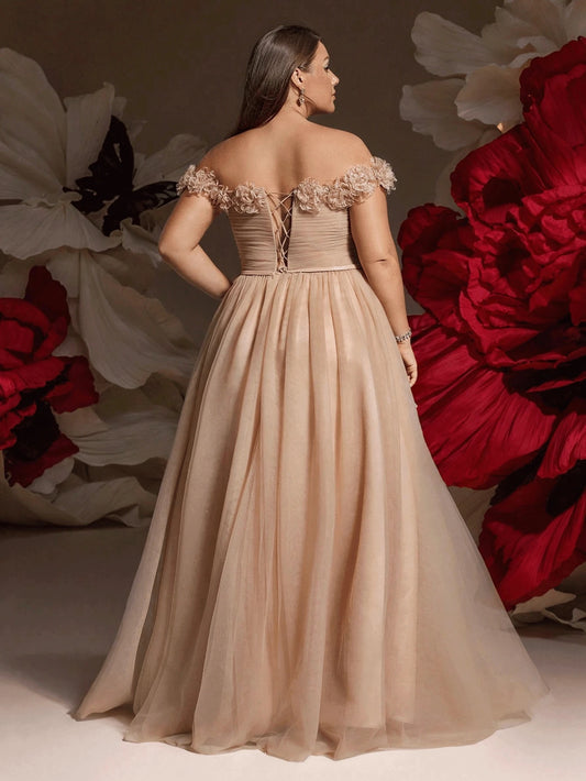 Back view Roselledress nude plus size a‑line prom dress lace‑up corset back 3d flower floor‑length bridesmaid gown