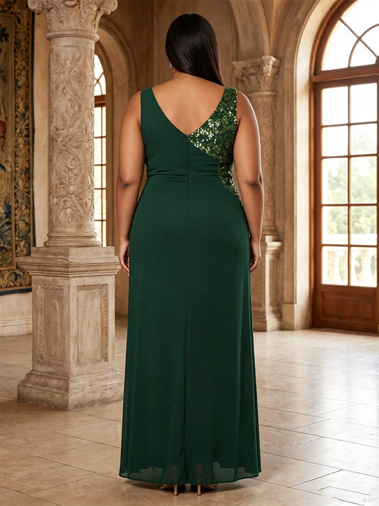 Back view roselledress V‑back zip‑back sequin lace detail chiffon floor‑length plus size evening gown
