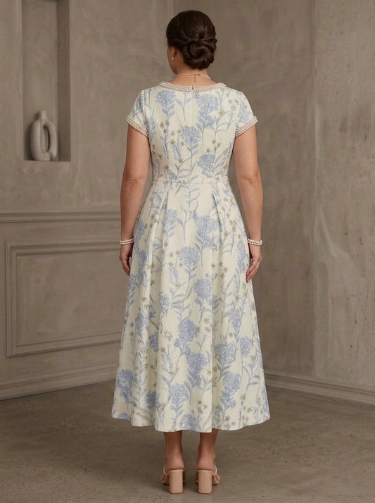 Roselledress plus size floral midi dress back view, pearl trimmed neckline center zipper back modest formal dress