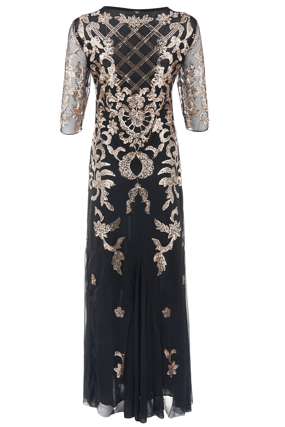 Roselledress Round Neck 3/4 Sleeve Gold Sequin Mermaid Plus Size Prom Dress